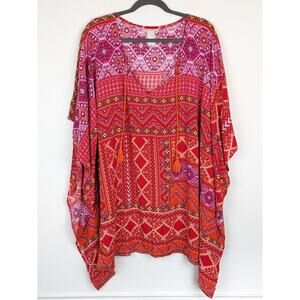 La Blanca Dress Muumuu Kaftan Sequin Boho Aztec Southwestern Beach Red Size L